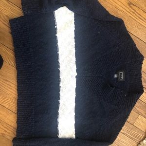 Navy AYR sweater with white stripe.